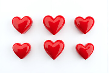 set of six red hearts on a white background
