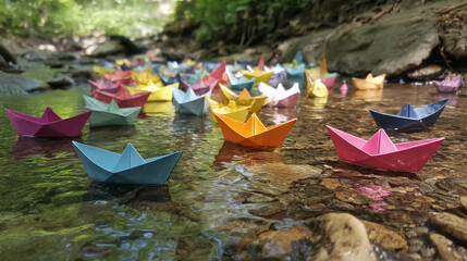 Obraz premium Colorful paper boats floating in small stream imagination, playful charm