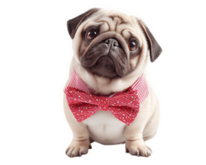 Dapper pug dog wearing red striped bowtie, looking adorable and funny. This charming pet exudes personality and style, making it delightful companion for any occasion