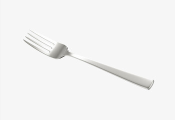 A sleek stainless steel fork with a reflective finish and a slightly curved handle. 3D Illustration
