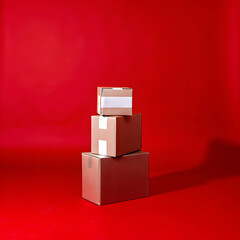 Stack of Cardboard Boxes on Red Background Shipping, Delivery, and Packaging Concept