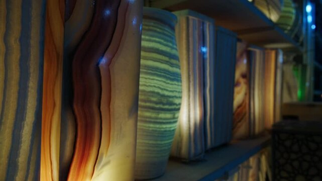 Row of different shape and color glowing lamps made of alabaster