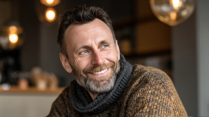 Obraz premium A happy middle-aged man with short beard grinning warmly in a cozy coffee shop, soft lighting, neutral background, friendly vibe, casual sweater, inviting atmosphere