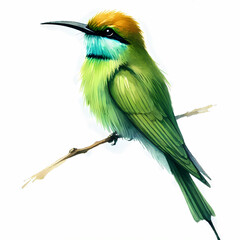 Obraz premium Realistic green bee-eater watercolor bird sitting on a branch, isolated on white background, great for eco prints, wildlife posters, and elegant decor.