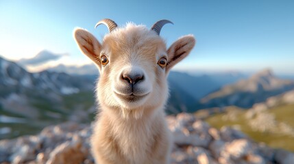 Obraz premium Charming goat in scenic mountain landscape portrait smiling