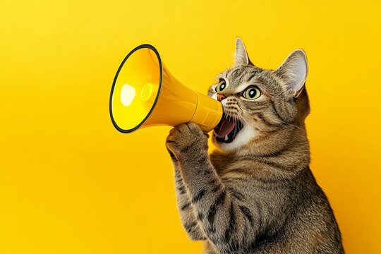 Cute Tabby Cat Holding Yellow Megaphone Announcement Funny Pet Animal Advertising Social Media Post Design Graphic Image Template news loud bold happy