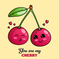 Cherry berry funny hand drawn illustration. Kawaii cute cherry couple in love. Flat character.