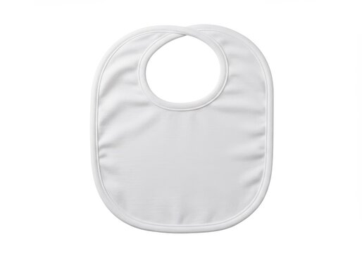 A plain white baby bib with a rounded shape and a circular neck opening on a white background studio shot
