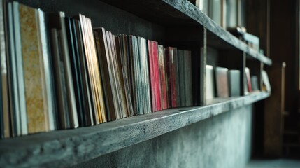 Obraz premium Assorted tiles elegantly line a shelf, inviting tactile exploration and showcasing an array of textures and hues.