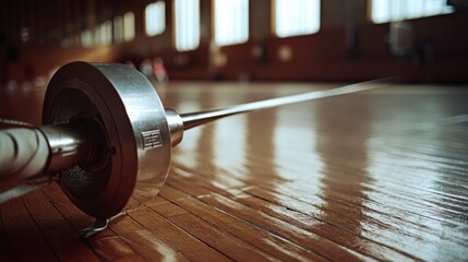 A foil fencing sword rests on a polished gymnasium floor, capturing the essence of athleticism, precision, and the art of fencing.