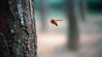 A wasp in flight near a textured tree bark, captured in sharp focus against a softly blurred forest backdrop.