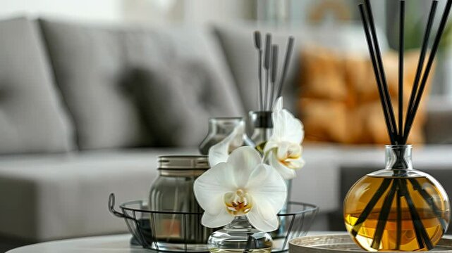 Elegant glass diffuser and white orchids enhance a stylish living room, creating a soothing atmosphere and inviting fragrance