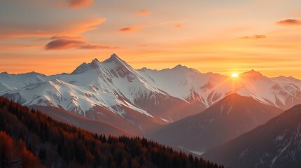 Obraz premium Elegant Cinematic Painting of Snowy Mountains at Sunrise with Warm Autumn Colors