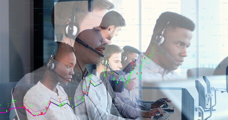 Image of financial data processing over diverse business people wearing headset