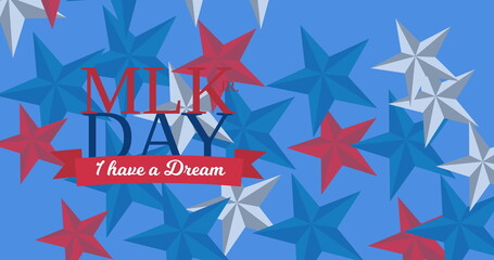 Martin luther king jr day text banner with multiple star icons on blue background