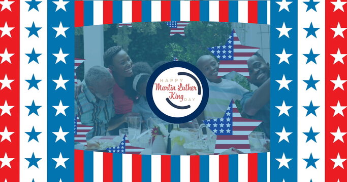 Image of happy martin luther king day text over african american family having dinner - Powered by Adobe