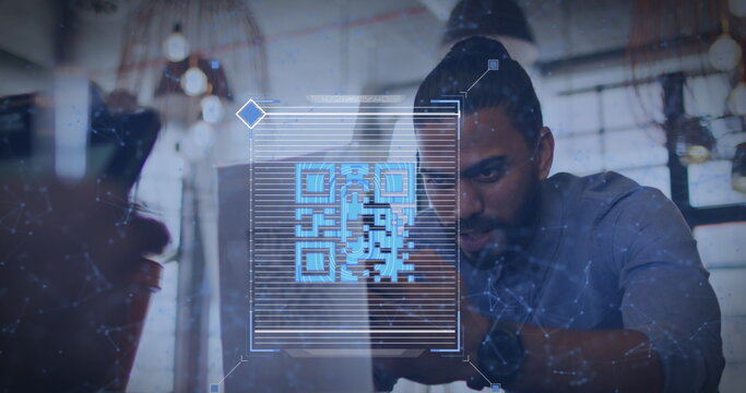 Image of qr code and digital interface over diverse couple using technology