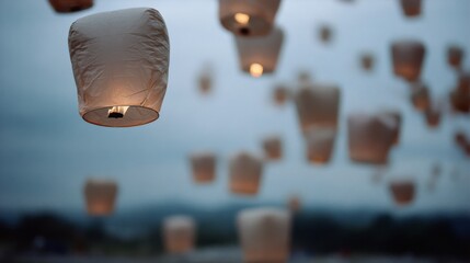 Paper lanterns float gently against a dusky sky, emanating a soft glow, creating an atmosphere of peace and wonder.
