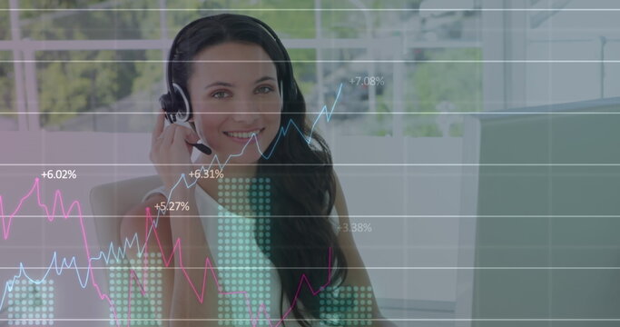 Image of data processing over smiling caucasian businesswoman using phone headset