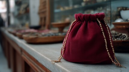 A plush red velvet pouch adorned with gold strings elegantly sits on a countertop, adding a touch of luxury to an artisanal shop.