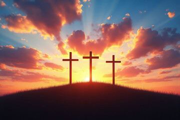Three crosses on top of a hill at sunset
