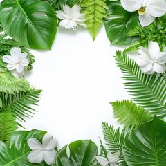 Vibrant tropical foliage with large leaves and delicate white flowers forming a lush natural frame for a clean blank space in the center perfect for design or message