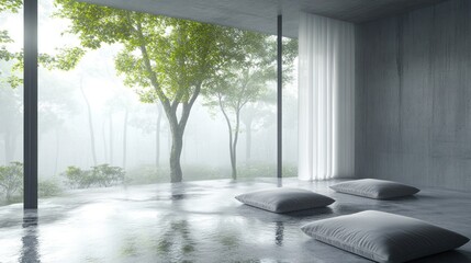 Serene Minimalist Room Overlooking Misty Forest