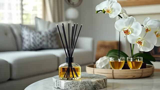Explore a serene living room where a fragrance diffuser and beautiful orchids create a calming atmosphere for relaxation