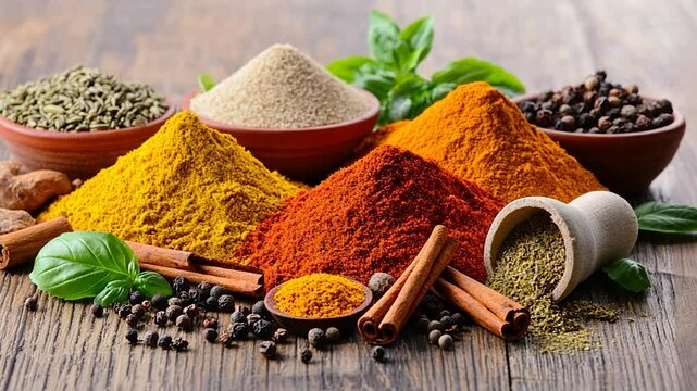 Colorful Spices on Wooden Table