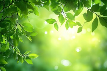 Obraz premium Fresh Green Leaves with Water Droplets Against a Bright Bokeh Background