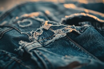 Close-up of distressed denim jeans, showcasing frayed edges and textured fabric.