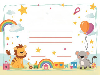 Fototapeta premium Colorful and cute kindergarten certificate template with cartoon animals and pastel background