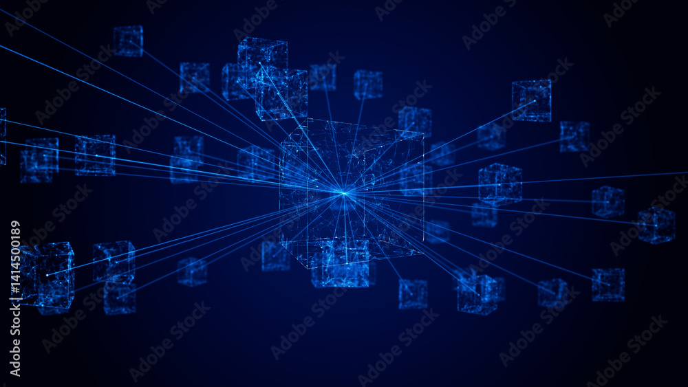 Poster Digital blockchain concept. Blocks square code big data connection with Distributed ledger technology with dots and lines. 3D rendering