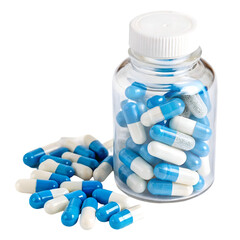 Transparent bottle with blue and white capsules supplements and pills isolated on transparent background