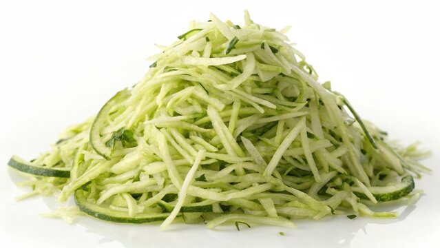 Freshly grated zucchini for cooking or baking recipes. on ehite background. isolated