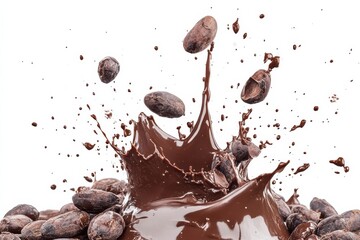 Rich chocolate splash captured with cocoa beans flying in mid-air at a creative culinary setting