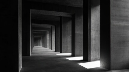 Monochromatic Architectural Corridor: A Study in Light and Shadow