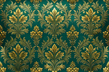 Elegant Gold Damask on Emerald charcoal seamless floral pattern new 2025 trendy seamless interior design wallpaper Gold damask floral pattern on emerald green background
