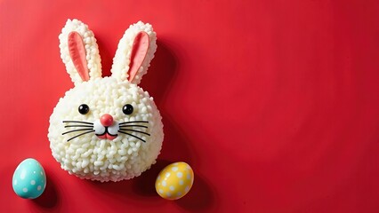 Fototapeta premium Rise shaped easter bunny with eggs on red background. Concept sushi delivery and Easter 