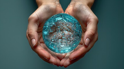 A pair of hands cradling a translucent blue sphere filled with bubbles.