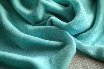 Close-up view of teal fabric with soft folds and texture, showcasing its luxurious and smooth feel.