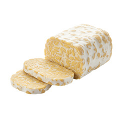 Sliced Fresh Tempeh Block Isolated on White Background in Studio