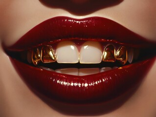 Glamorous close-up of lips with striking red lipstick and golden dental grills