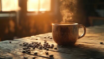 Rustic coffee break: Steaming beverage in a textured mug on aged wood illuminated by sunlight