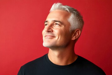 Fototapeta premium Red solid background. Trendy men's high and tight haircut - midlife white man with grey hair. Graphic creative design of style for aging men. A soft and natural man with a glowing expression.