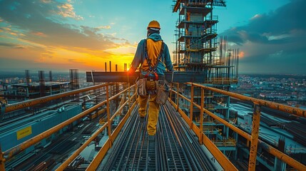 A construction worker walking on scaffolding at sunset, highlighting industry and safety.