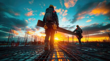 Construction workers carry materials at sunset, showcasing teamwork and industry progress.