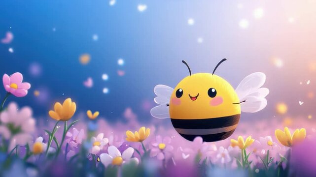 Cute cartoon bee character flying among vibrant flowers in a dreamy landscape filled with colorful blooms and soft bokeh effects
