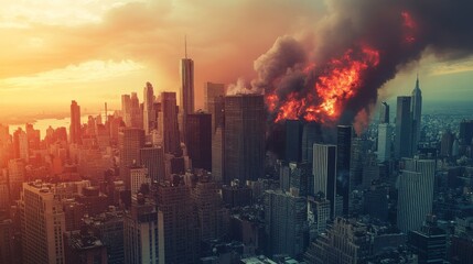 Fototapeta premium A city is on fire with a large building in the middle of the flames