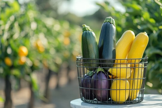 Fresh summer squash and eggplant in a metal basket.